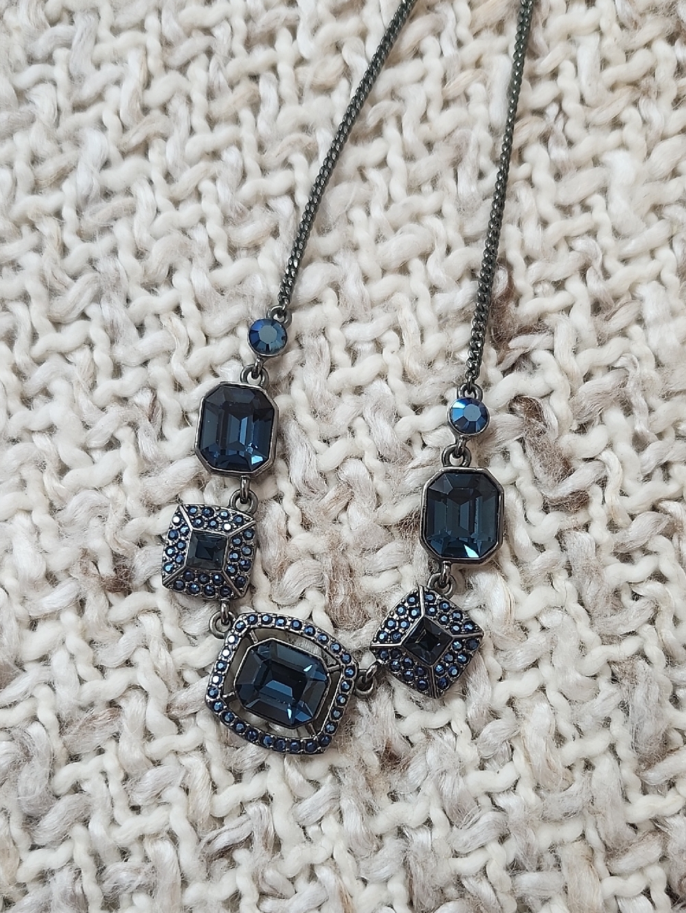 Givenchy Blue Crystal Statement Necklace in Gunmetal Tone Excellent Condition
